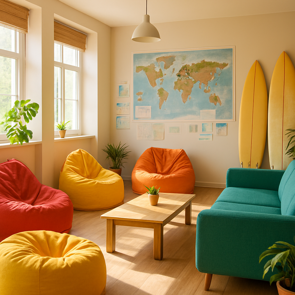 Bright, welcoming common room at Bondi Beach Backpackers with surfboards and travel maps