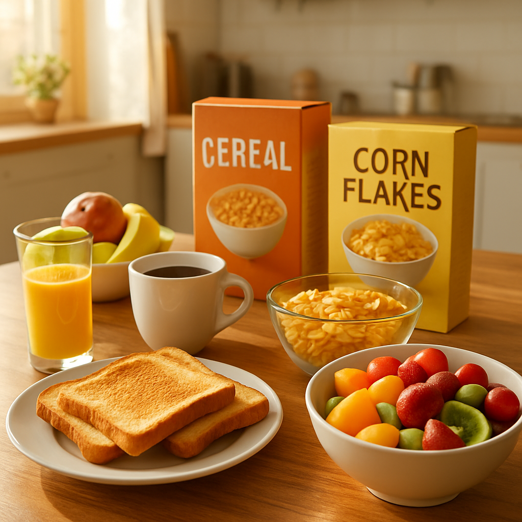 Continental breakfast spread with fresh fruit, toast, juice and coffee at the hostel