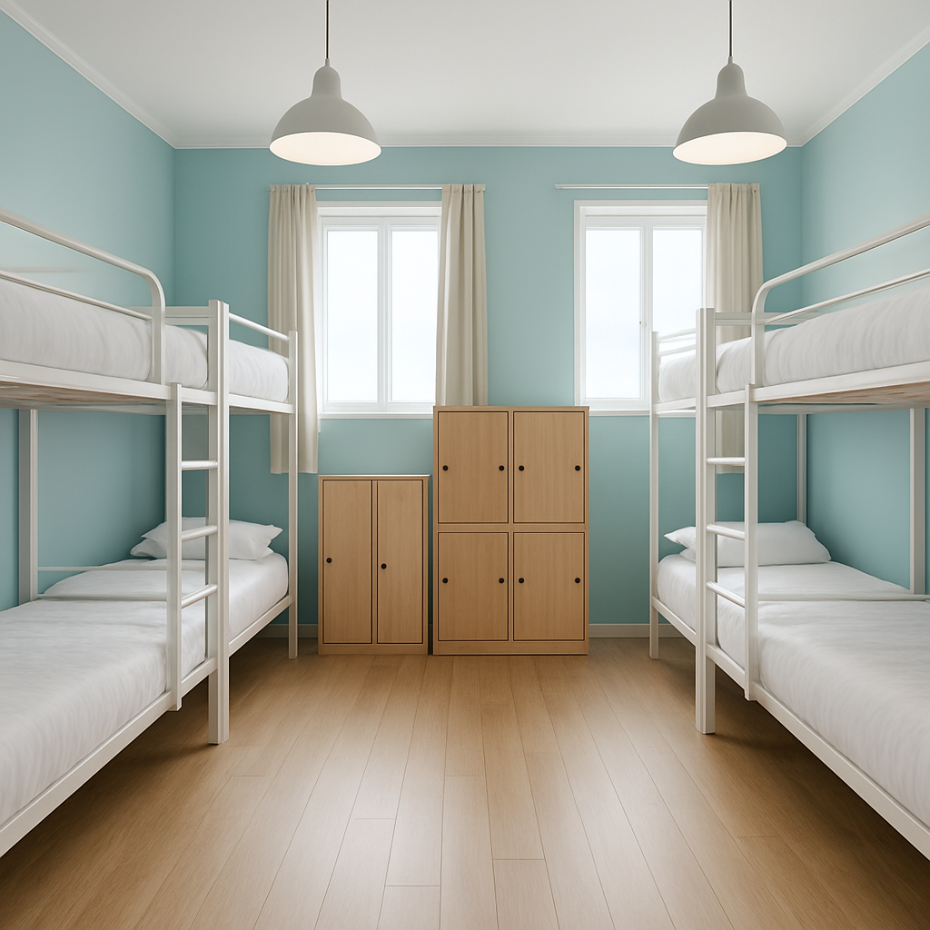 Clean hostel dormitory with neat bunk beds and white linen at Bondi Beach Backpackers