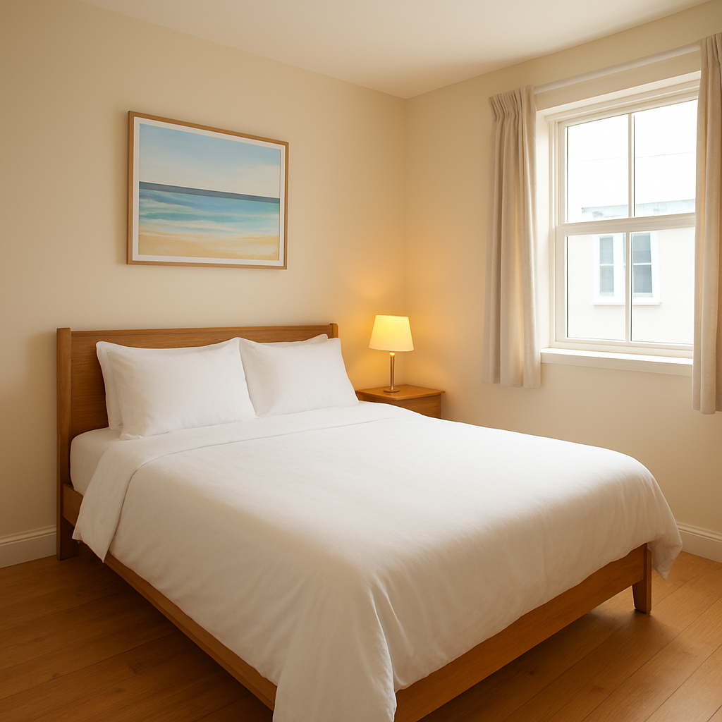 Cosy private room with double bed, natural light and coastal decor at Bondi Beach Backpackers