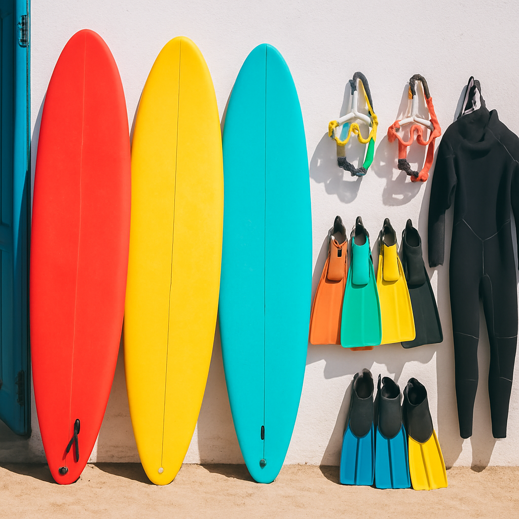 Colourful surfboards and snorkel gear available for rent at Bondi Beach Backpackers